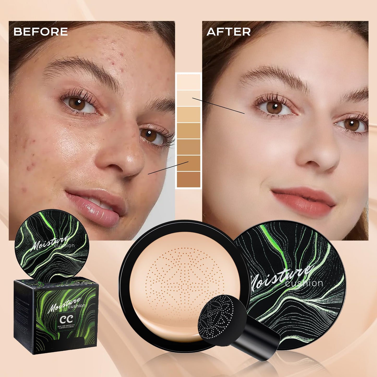 Air Cushion CC Cream - Mushroom Head BB Cream Foundation Makeup Moisturizing Concealer Long-Lasting, Cushion Foundation Full Coverage Self Adjusting for Mature Skin & All Skin Types (Deep)