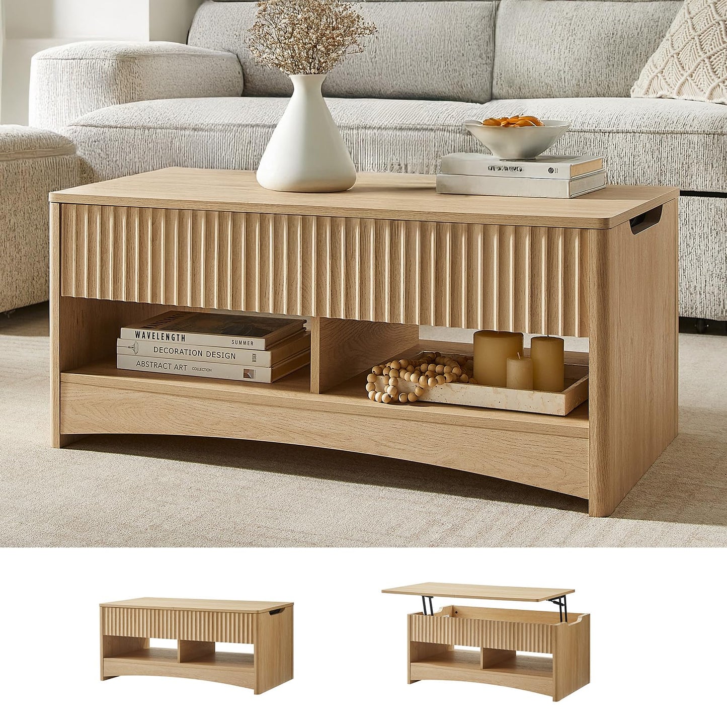 Amada Coffee Table Fluted Lift Top, 35.2" Wood Table with Storage Shelf & Hidden Compartment, Modern Rectangle Center Table for Living Room, Sturdy & Multi-Functional, Holds Up to 220LBS, Natural Oak
