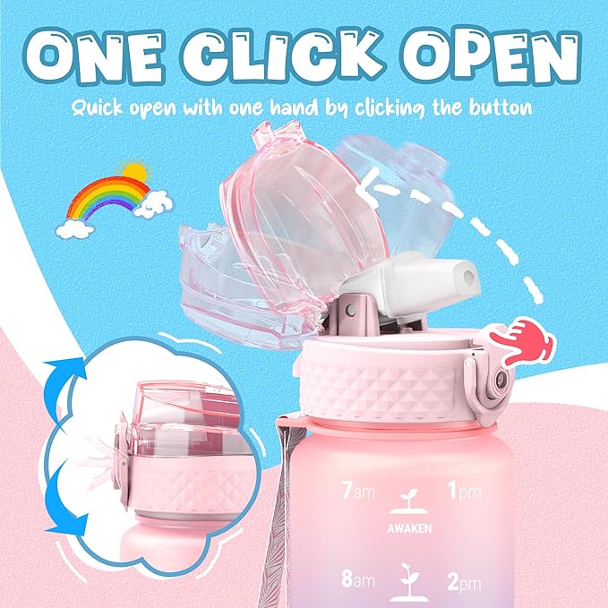 OLDLEY Kids Water Bottle for School, 17 oz (Straw Lid) BPA-Free Reusable Leak-proof Durable Tritan Plastic Water Bottles with One-handed Opening Straw Lids, Anti-dust Spout Cover (Pink-Blue)