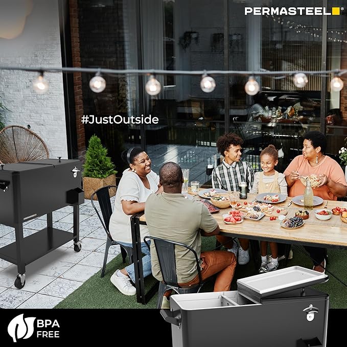 Permasteel Party Cooler with Removable Basin, Spacious 80-Qt Capacity, Rolling Ice Chest for Indoor and Outdoor Entertainment Black + Bonus Cover