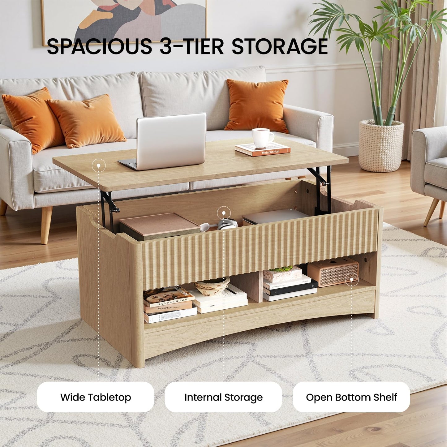 Amada Coffee Table Fluted Lift Top, 35.2" Wood Table with Storage Shelf & Hidden Compartment, Modern Rectangle Center Table for Living Room, Sturdy & Multi-Functional, Holds Up to 220LBS, Natural Oak