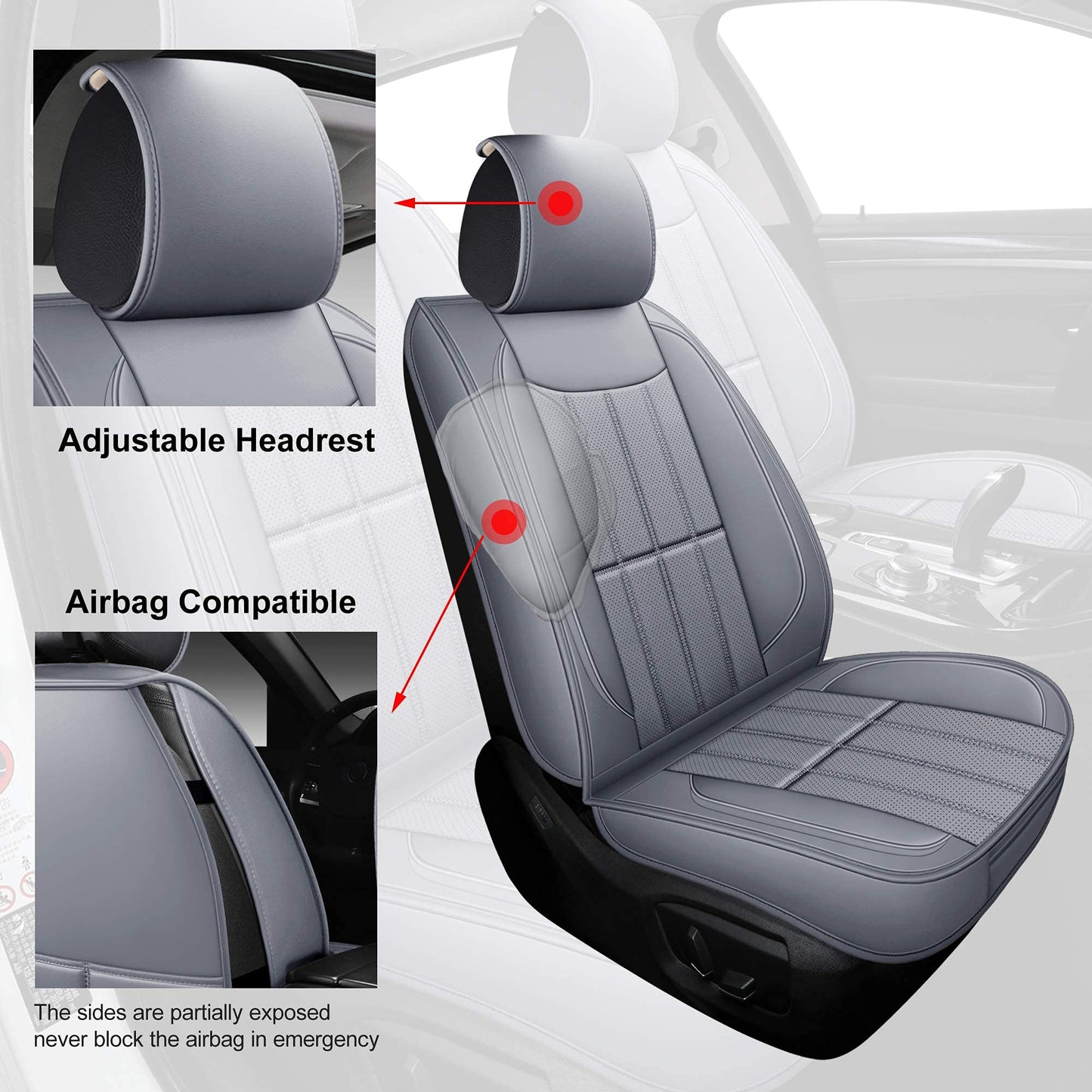 AOOG Leather Car Seat Covers, Leatherette Automotive Vehicle Cover for Cars SUV Pick-up Truck, Universal Non-Slip Vehicle Cover Waterproof Interior Accessories, Full Set, Gray