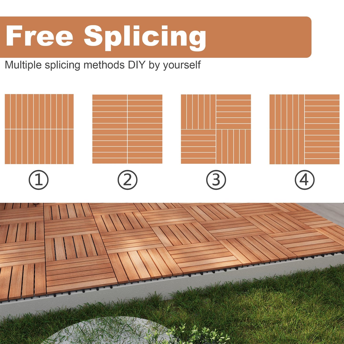 PrimeZone 297 PCS FSC Certified Acacia Wood Interlocking Deck Tiles - 12" x 12" Waterproof Indoor Outdoor Patio Flooring Decking Tiles for Balcony, Backyard & Poolside, All Weather Use, Natural Wood