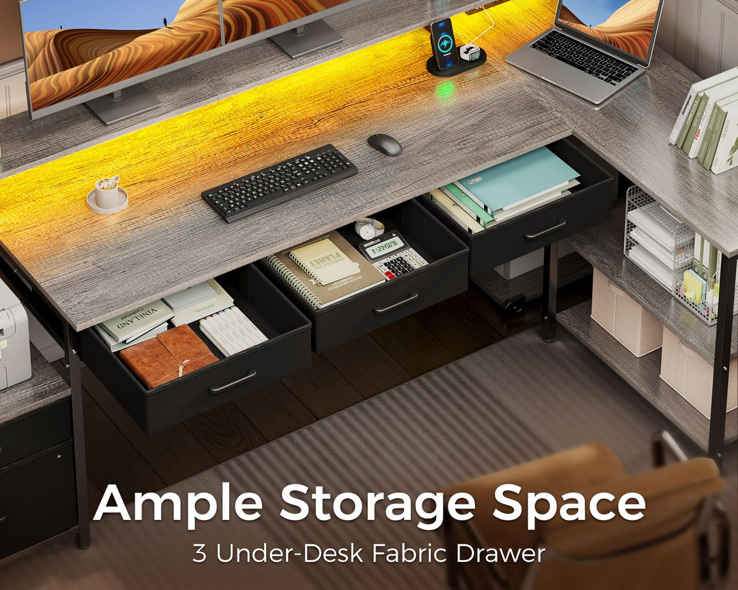 AODK L Shaped Desk with 5 File Drawers, 75" Reversible L Shaped Computer Desk with Power Outlet & LED Strip, Office Desk with Storage Shelves, Gaming Table with Monitor Shelf, Corner Table, Grey Oak
