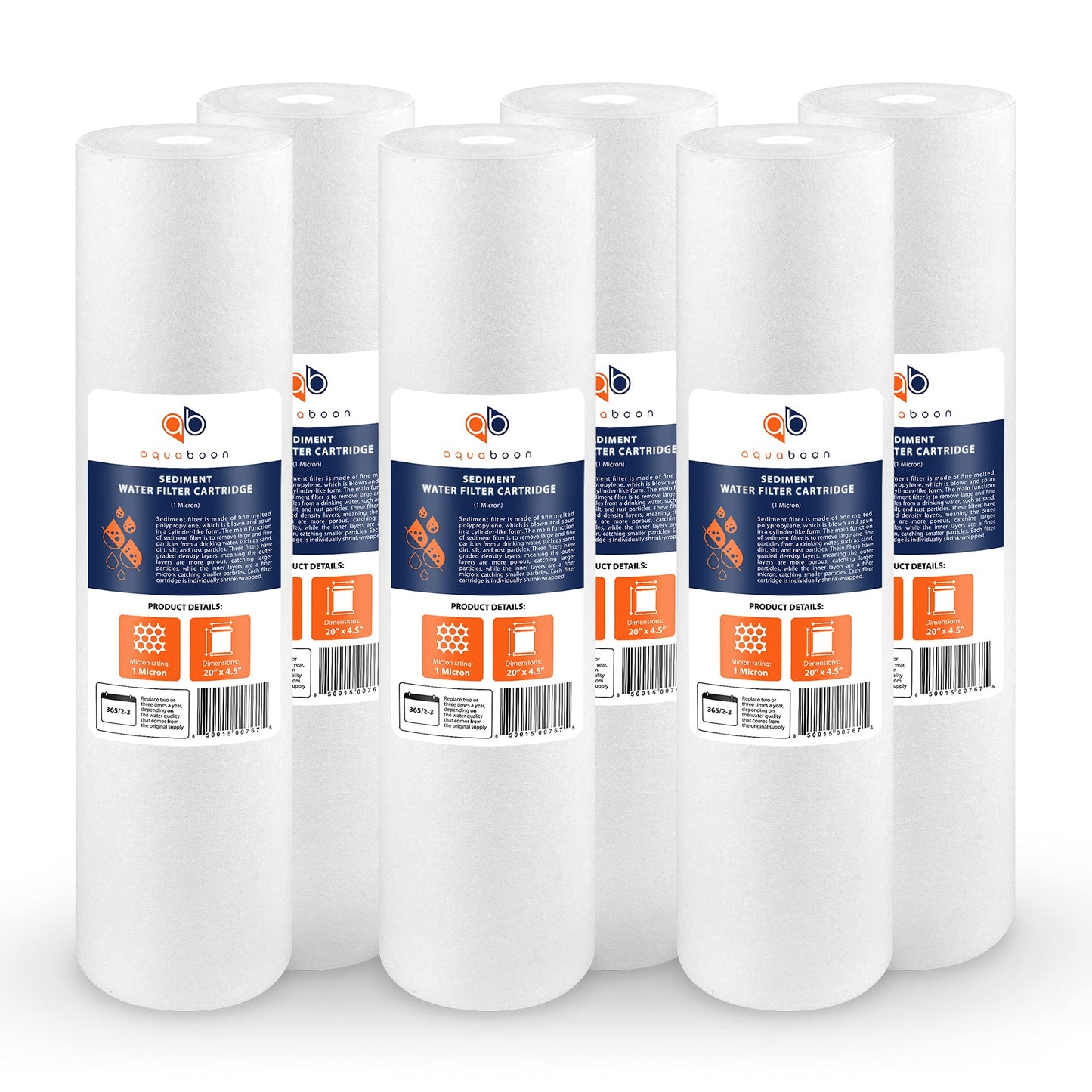 Aquaboon 1 Micron 20" Sediment Water Filter Replacement Cartridge | Whole House Sediment Filtration | Compatible with AP810-2, SDC-45-2005, FPMB5-20, P5-20, FP25B, 155358-43, 6 Pack