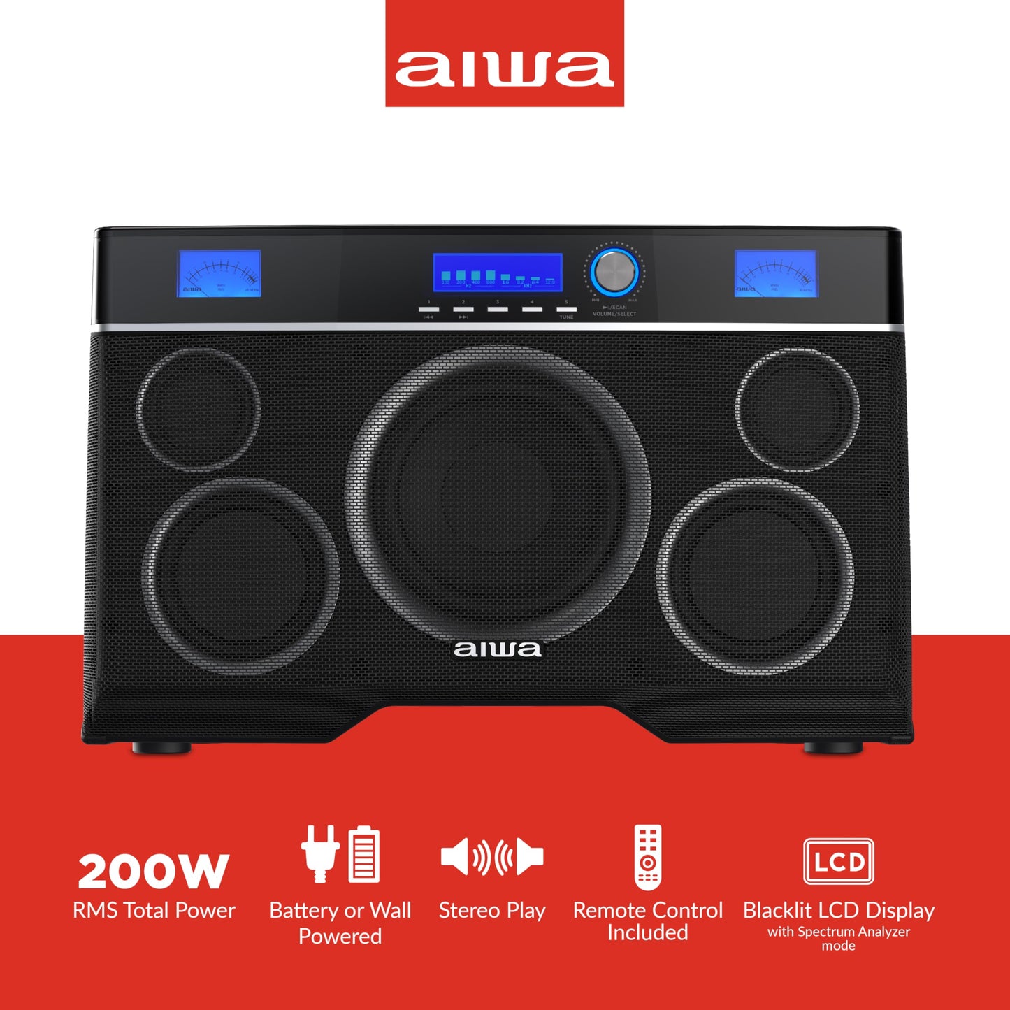 Aiwa Exos-10 Portable Bluetooth Speaker, 200W RMS Power, 6.5” Subwoofer, Deep Bass, Party Sync, Backlit Display, FM/BT/USB/AUX, Remote Control, Carry Strap, Bluetooth V5.0