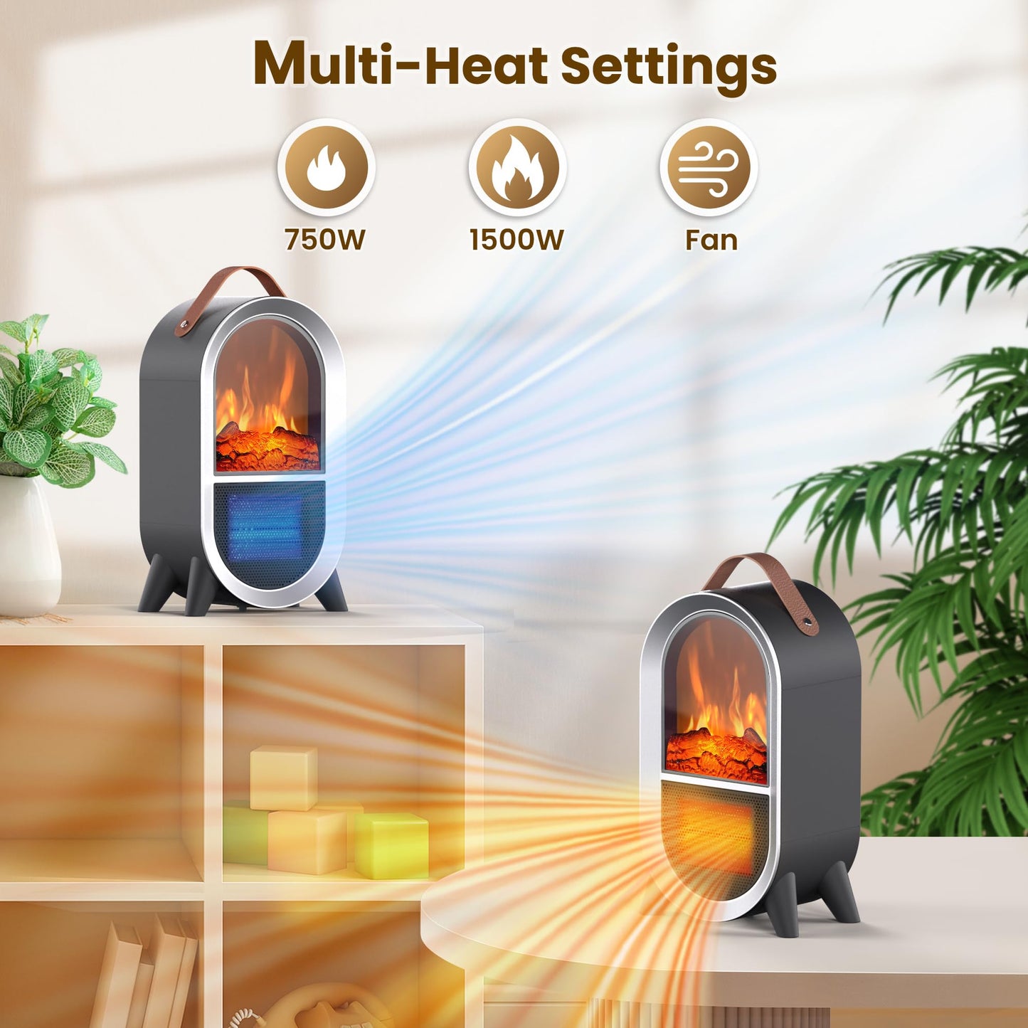 Riseon Small Space Heater for Indoor Use, 1500W/750W Portable Electric Fireplace Heater with 3D Flame, Ceramic Heating with Thermostat Overheat & Tipover Protection for Home Office Room Desk, Black