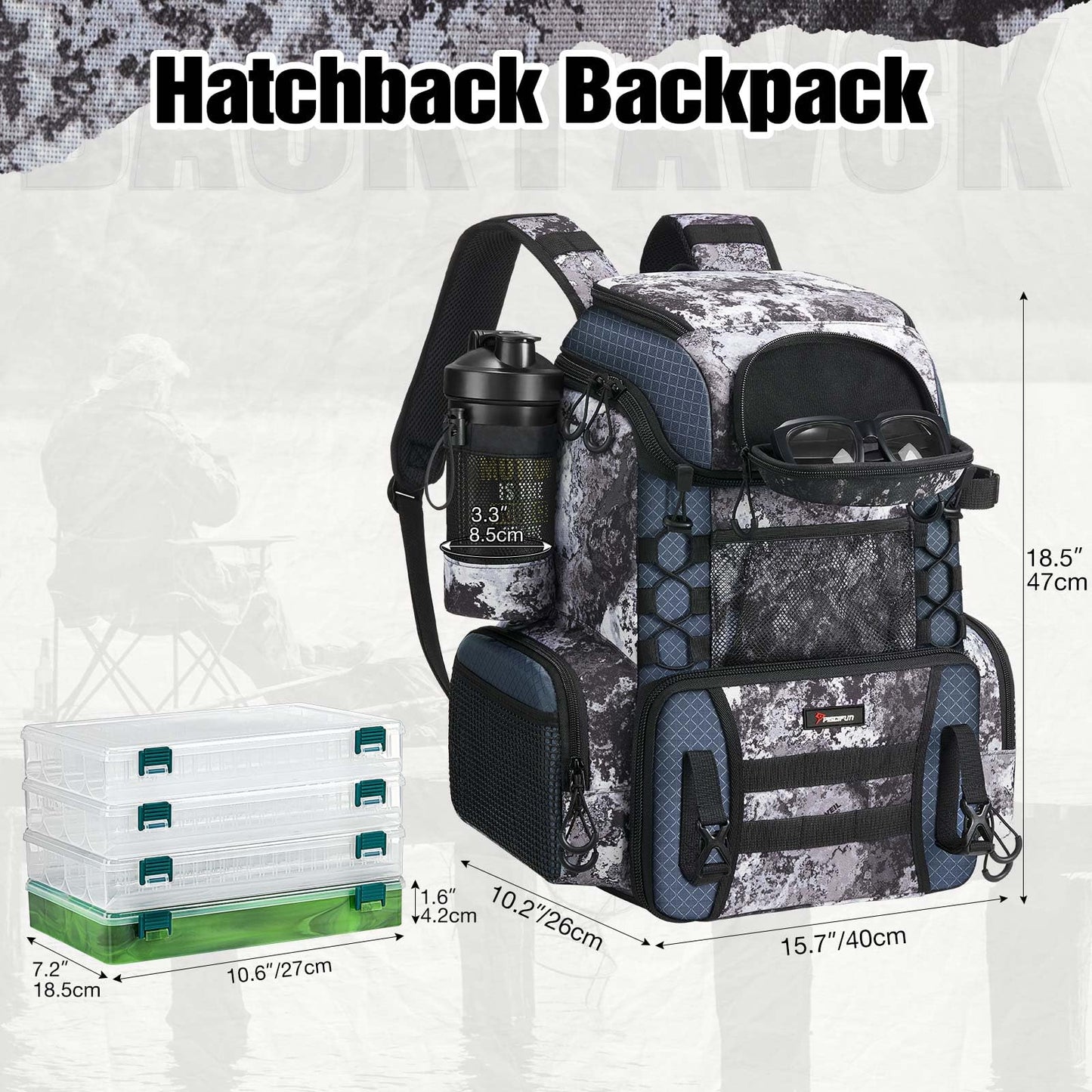 Piscifun Fishing Tackle Backpack with Rod Holders & 4 Tackle Boxes, Waterproof Rain Cover, Bottle Holder, Water-resistant Fishing Bag Store Fishing Gear & Equipment, Veil Camouflage