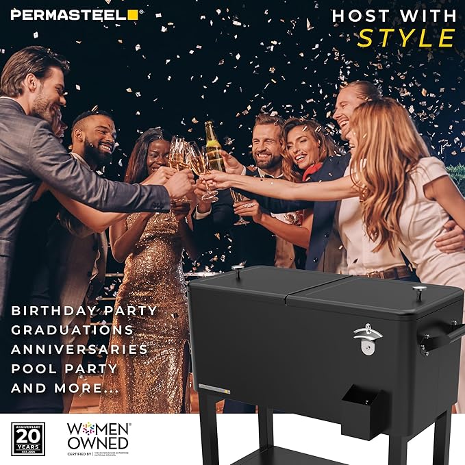 Permasteel Party Cooler with Removable Basin, Spacious 80-Qt Capacity, Rolling Ice Chest for Indoor and Outdoor Entertainment Black + Bonus Cover
