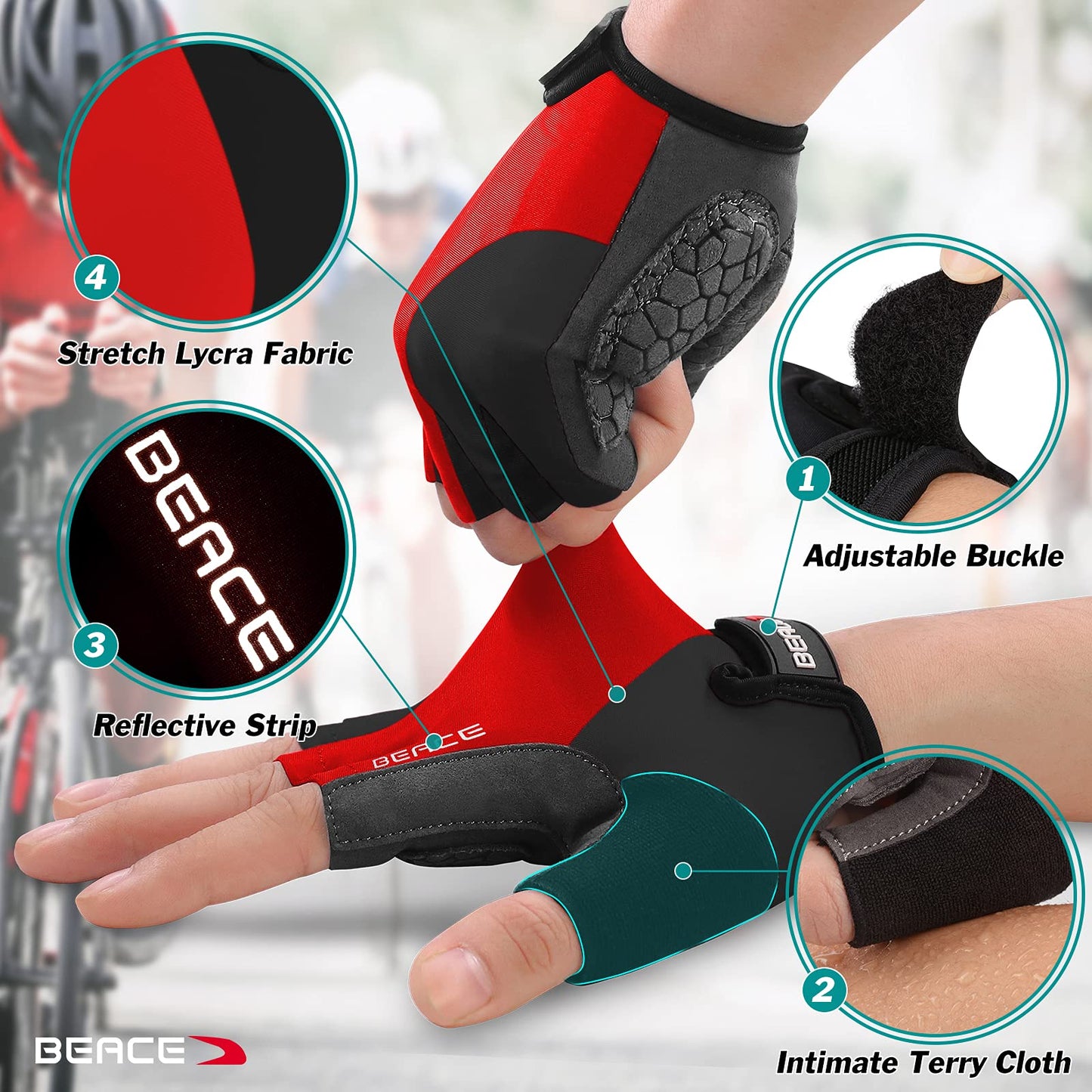 BEACE Cycling Gloves Bike Gloves Biking Gloves Half Finger MTB Road Bicycle Gloves for Men and Women-Breathable Anti-Slip Shock-Absorbing Pad Motorcycle Mountain Bike Gloves (Red, L)
