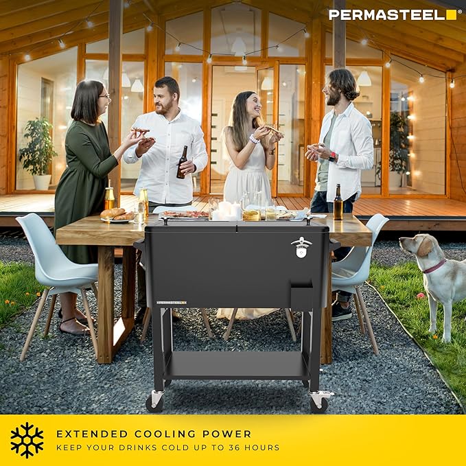 Permasteel Party Cooler with Removable Basin, Spacious 80-Qt Capacity, Rolling Ice Chest for Indoor and Outdoor Entertainment Black + Bonus Cover