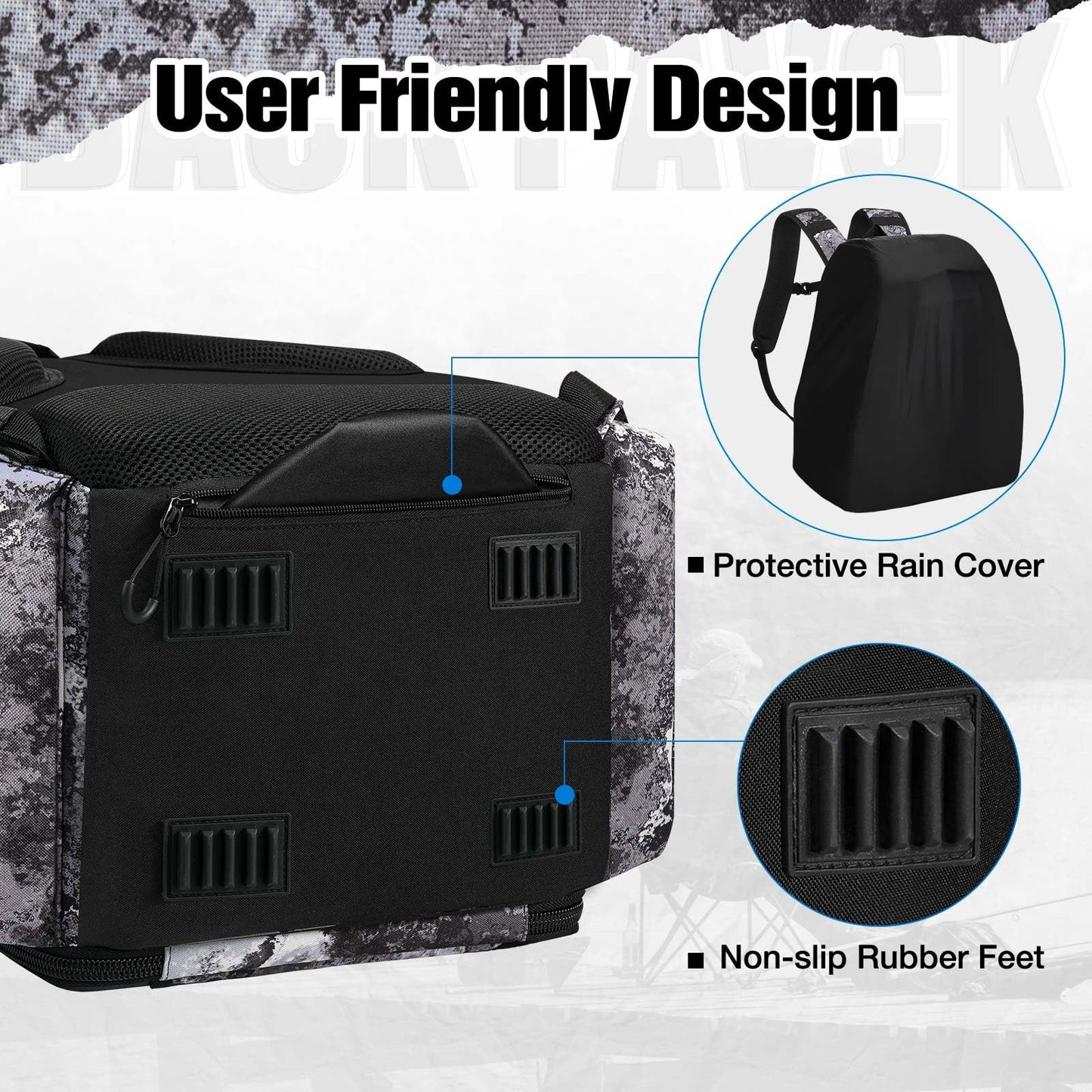 Piscifun Fishing Tackle Backpack with Rod Holders & 4 Tackle Boxes, Waterproof Rain Cover, Bottle Holder, Water-resistant Fishing Bag Store Fishing Gear & Equipment, Veil Camouflage