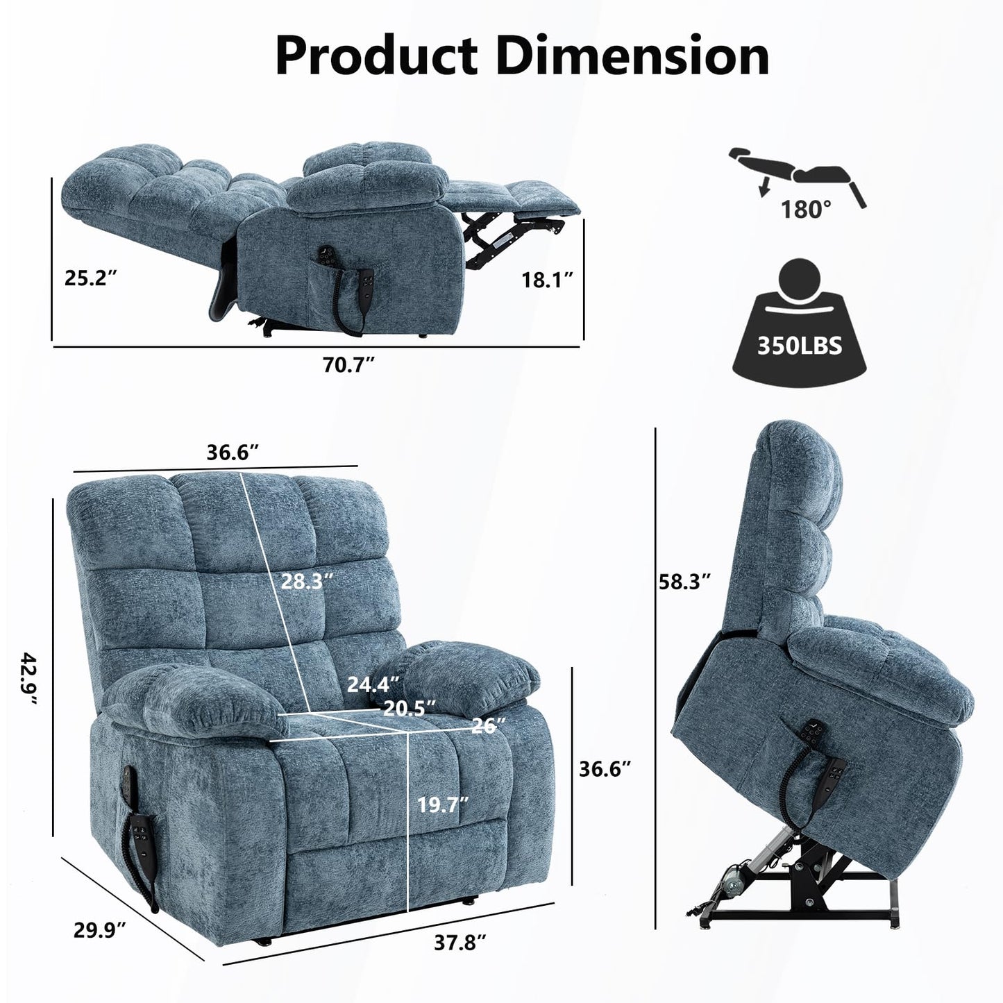 EZZUP Lay Flat Recliner with Vibration Massage and Lumbar Heating, 26'' Wide Chair with Infinite Position and 2 Remote Controls, Soft Chenille Lift for Living Room, Grayish Blue