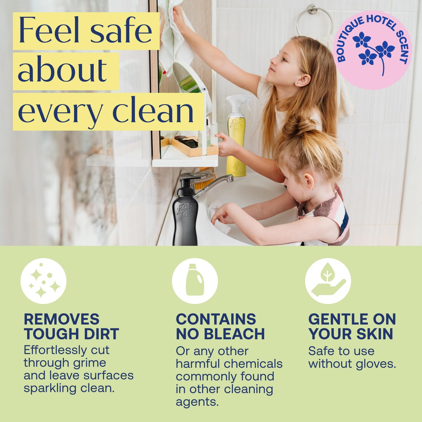 Fab Tab Multi Purpose Cleaner Cleaning Tablets, Eco-Concious Refillable Glass Bottle System with Boutique Hotel Scent, Safe For Family and Pets - Chemical-Free, Plastic-Free - 3 Count