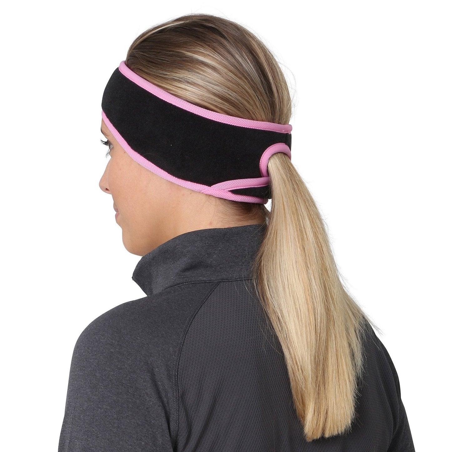 TrailHeads Women’s Ponytail Headband | Fleece Earband | Winter Running Headband - Black/Fast Pink