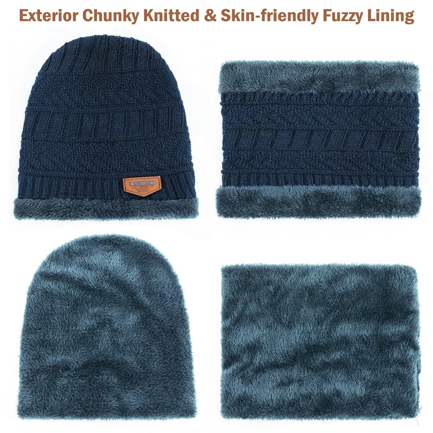 Winter Beanie Hat Circle Scarves Touchscreen Gloves Set, Warm Thick Fleece Lined Skull Cap Gloves Neck Warmer for Women Men, Navy Blue
