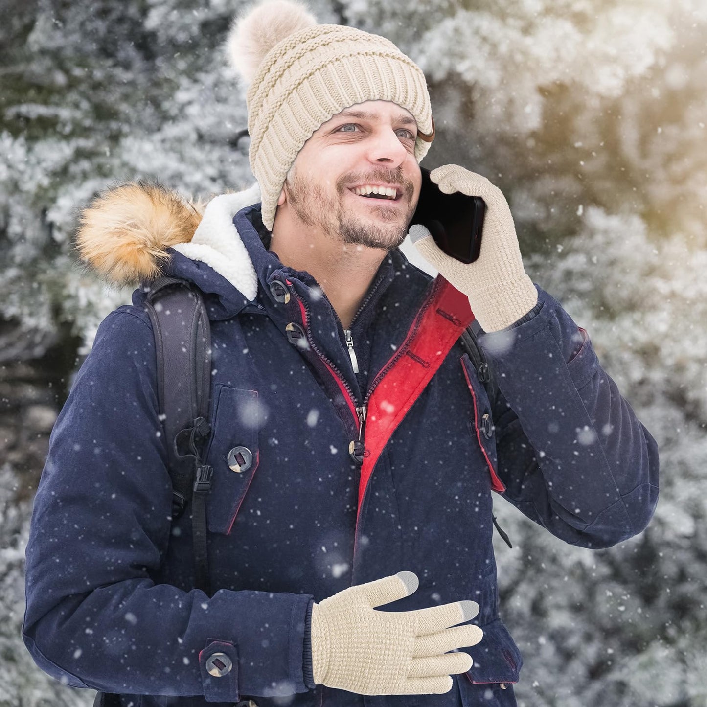 Aneco Womens Winter Warm Sets Knitted Fur Pompoms Beanie Hat Circle Loop Scarf Touch Screen Gloves Winter Favor Accessories