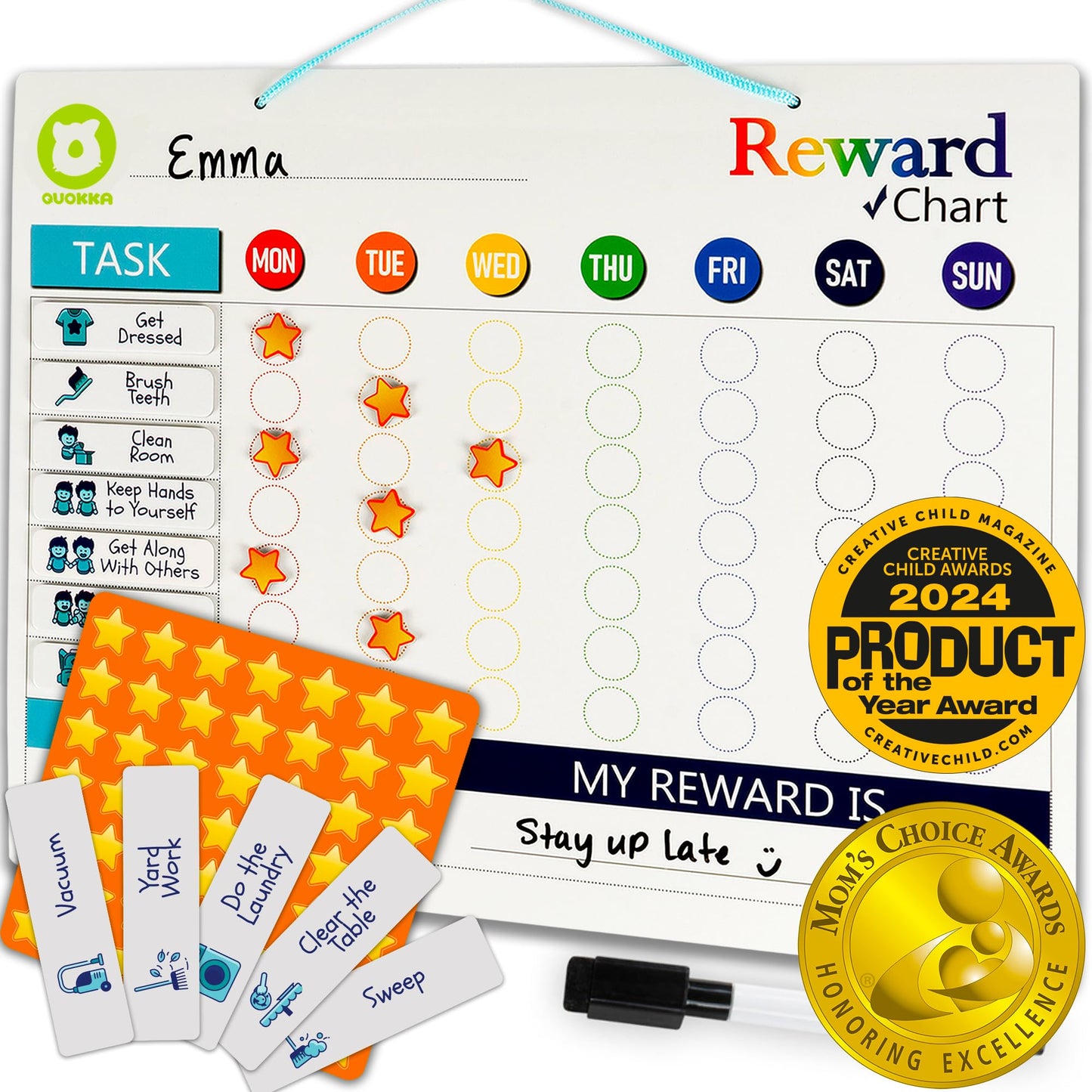 QUOKKA Magnetic Behavior Chore Chart for Kids at Home - Gift Reward Visual Schedule Chart - Dry and Erase Routine and Responsibility - Use 48 Magnets & 49 Stars - From Toddlers to Teens