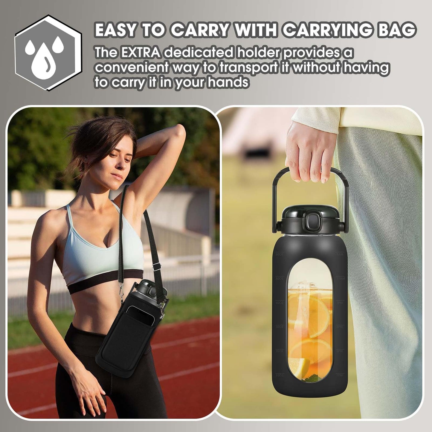 OxyFlask Glass Water Bottles 64 oz - Half Gallon Water Bottle with Straw Phone Holder Handle Time Marker and Silicone Sleeve, Large Motivational Water Jug with Carrier Bag for Daily Intake Gym Black
