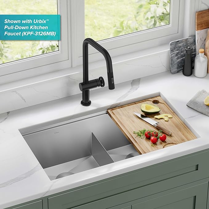 KRAUS KWU112-33 Kore Workstation 33-inch Undermount 16 Gauge Double Bowl Stainless Steel Kitchen Sink with Integrated Ledge and Accessories (Pack of 8)