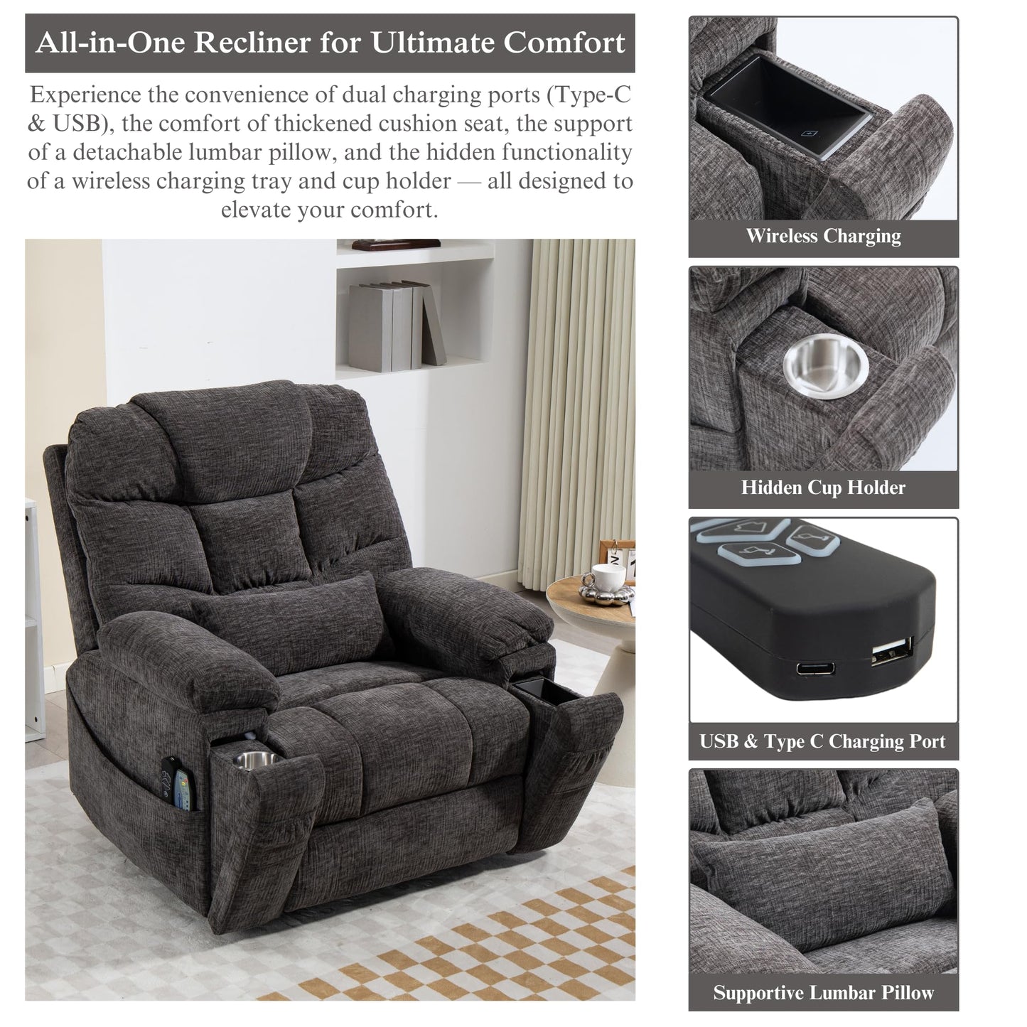 Power Lift Recliner for Elderly Adults, Dual Motor Lay Flat Lift Chair with Heat Massage, Cup Holder & Wireless Phone Charger, USB Type C Charging, Big Tall 400 lbs