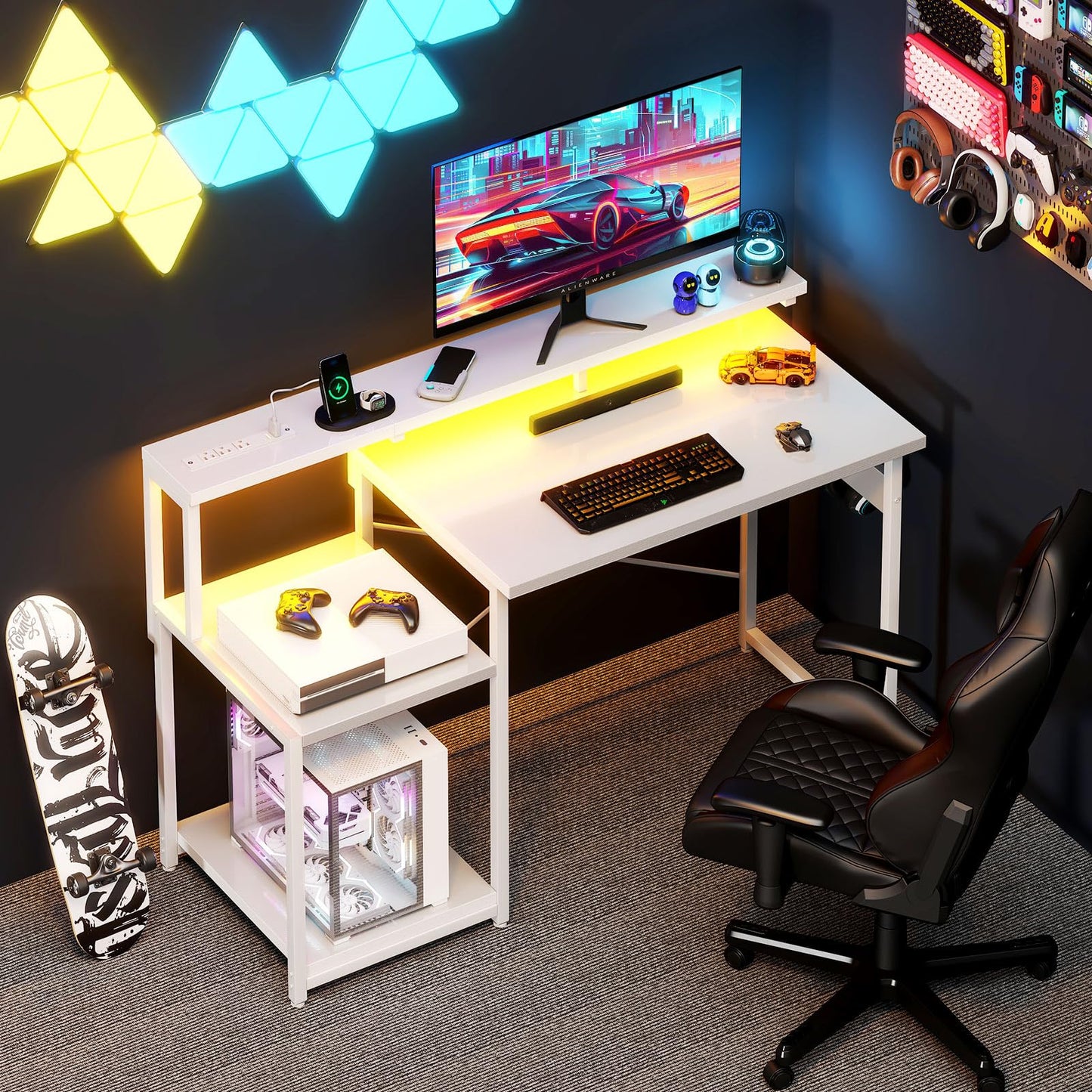 AODK Computer Desk, 48 Inch Gaming Desk with Led Lights & Power Outlet, Office Desk with Storage Shelves, Reversible Desk with Monitor Shelf & Headphone Hook, White