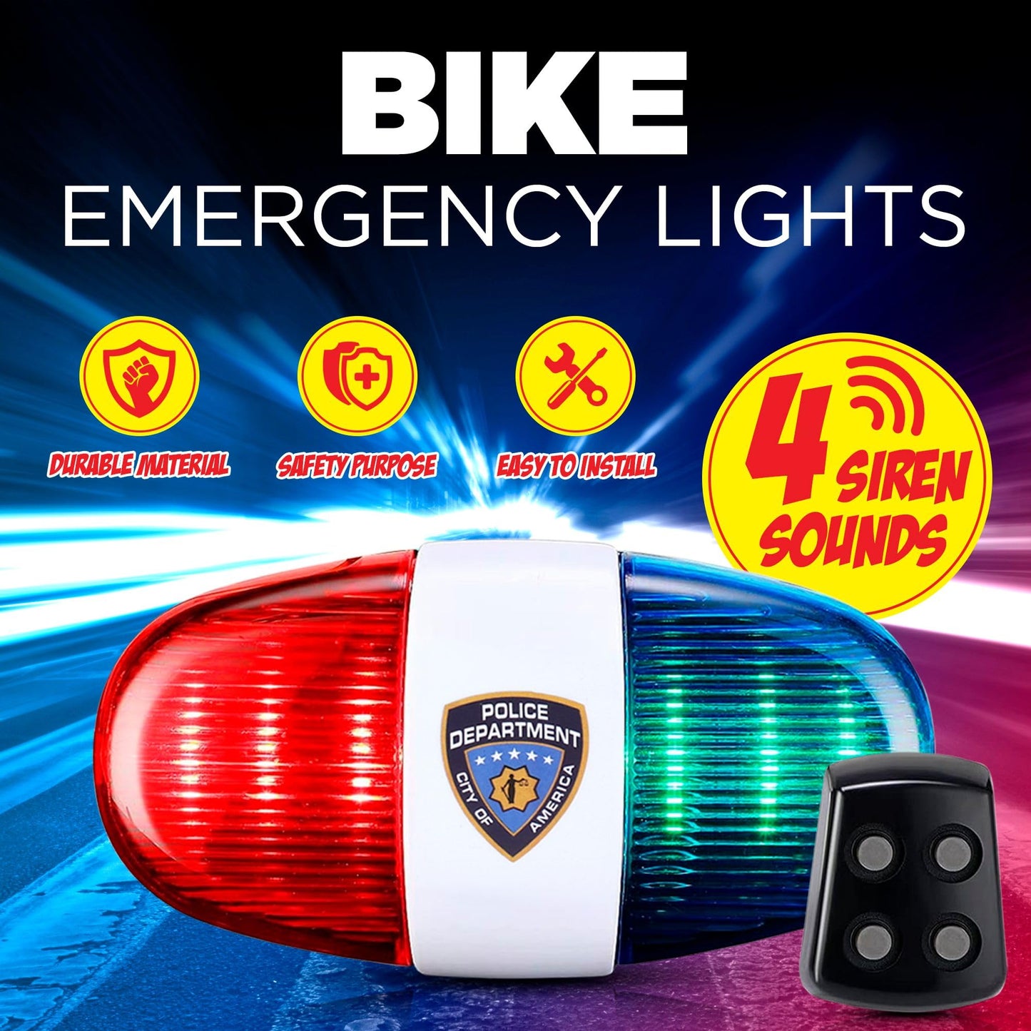 Kids Tech Bike LED Light - Police Sound Light Electronic Horn - Bicycle Siren, 5 LED Light 4 Sounds Trumpet, Warning Safety Light, Waterproof Bicycle Lights Accessories, (Batteries Not Included)