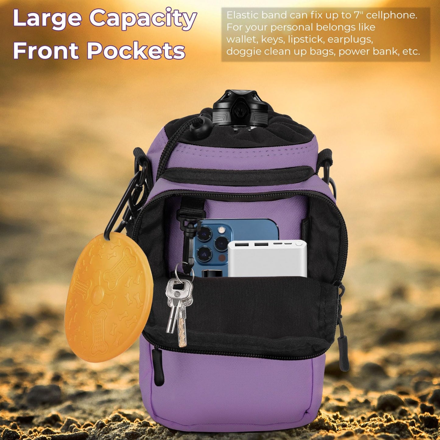 Nuovoware Water Bottle Carrier, 40oz Bottle Carrier Sports Water Bottle Holder with Adjustable Shoulder Strap, 2 Pockets Flask Sling Bag Drawstring Pouch for Climbing Hiking Walking, Purple