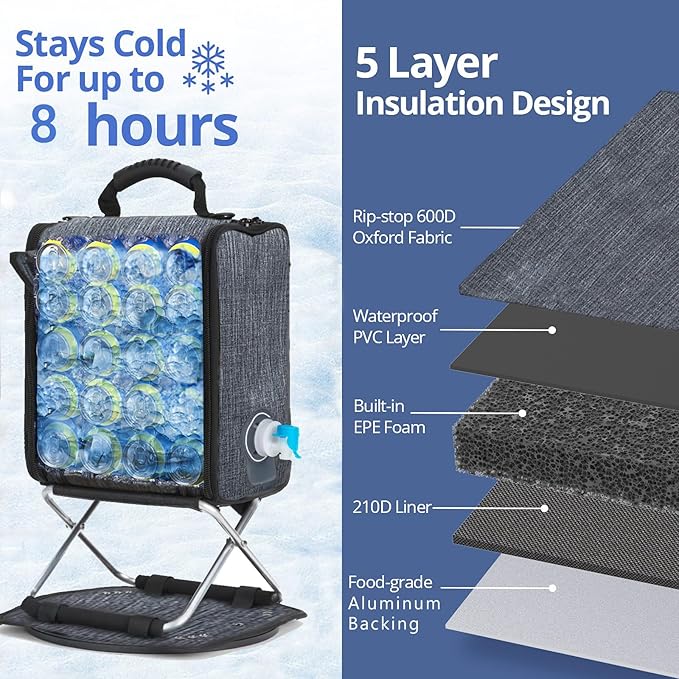 Backpack Cooler Insulated Leak Proof 20 Cans, 2 Ice Packs for Keeping Cool, Collapsible Support Stand with Rotary Bottom Tray for Rotate 360°, Cup Holder Cutlery Set for Camping Lunch