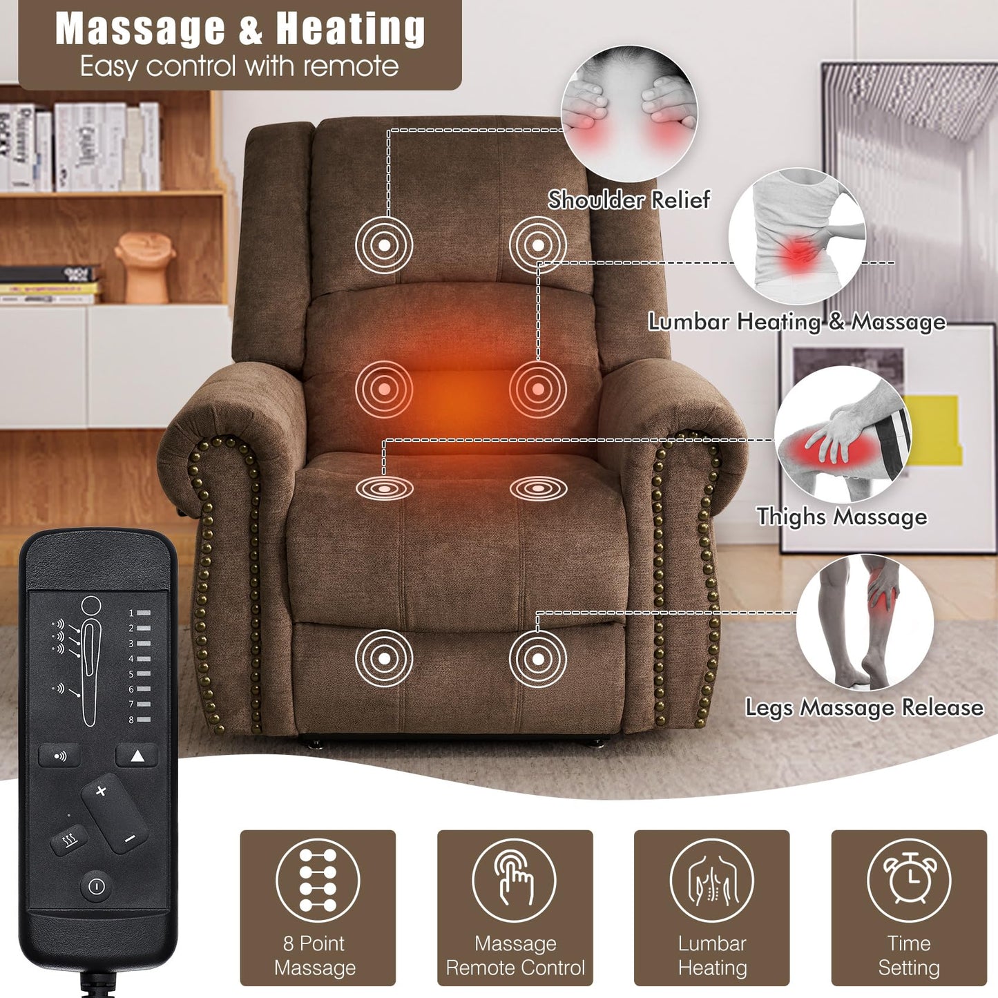 CDCASA Dual Motor Lay Flat Lift Chairs Recliners for Elderly with Massage and Heat, Upgraded Chenille Infinite Position Large Sleeping Electric Power Lift Chair Recliner for Seniors, Set of 2,Brown