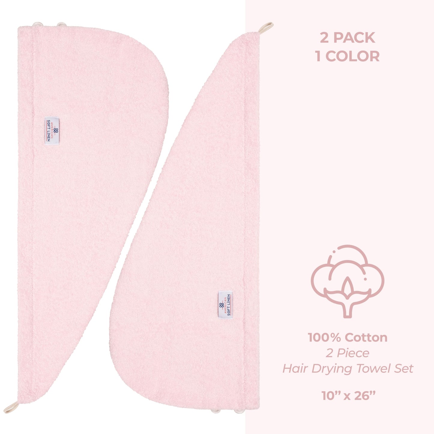 American Soft Linen 100% Cotton Hair Towels for Women, Head Towel Cap, Cotton Hair Turban Towel Wrap for Long Curly Anti Frizz Hair, Soft and Absorbent Cotton Hair Towels 2 Pack, Pink