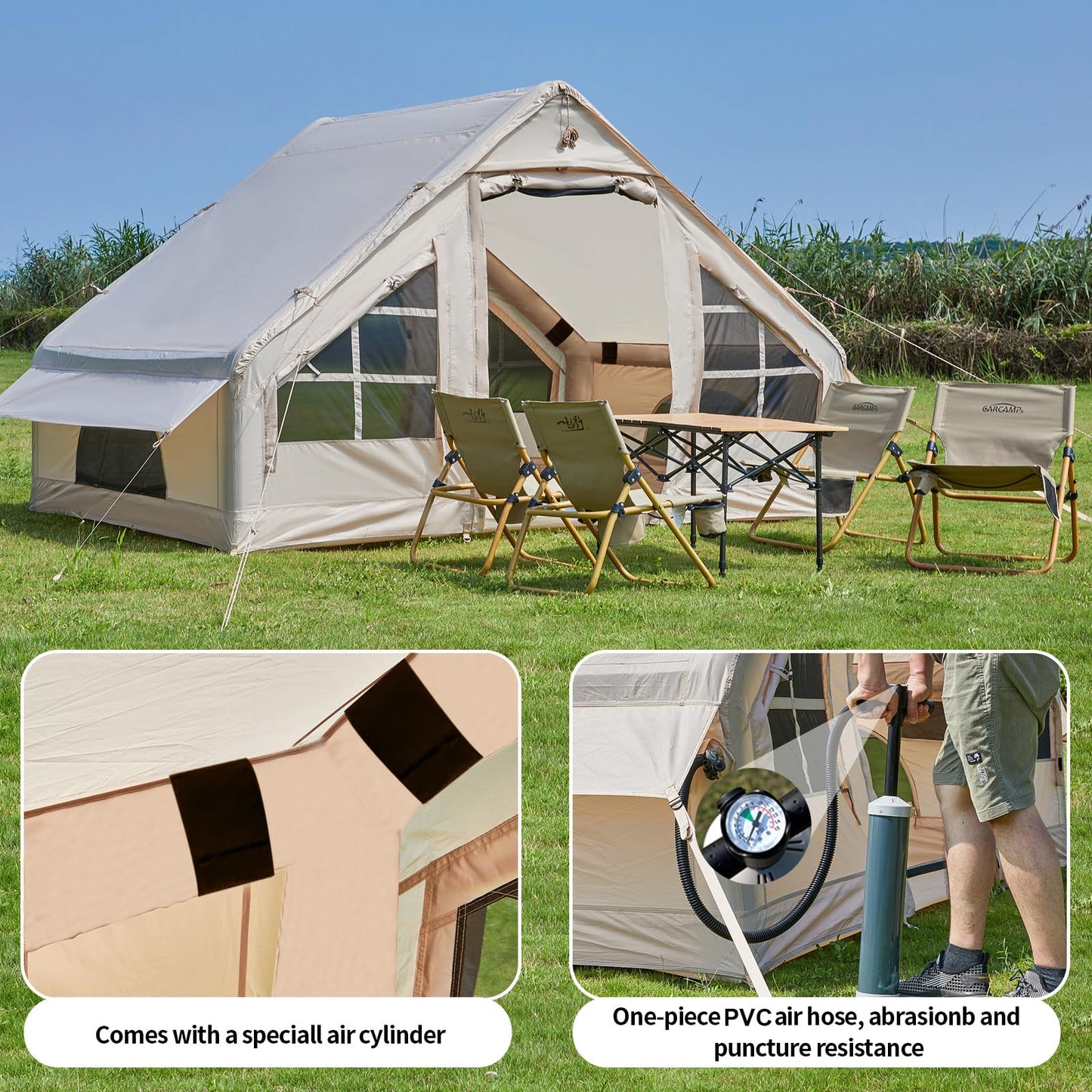 Inflatable Tent with Pump, 4-6 Person Glamping Camping Tents House, Easy Setup Blow Up Family Tents for 4 Seasons Waterproof Inflatable Tent for Camping with Mesh Windows.