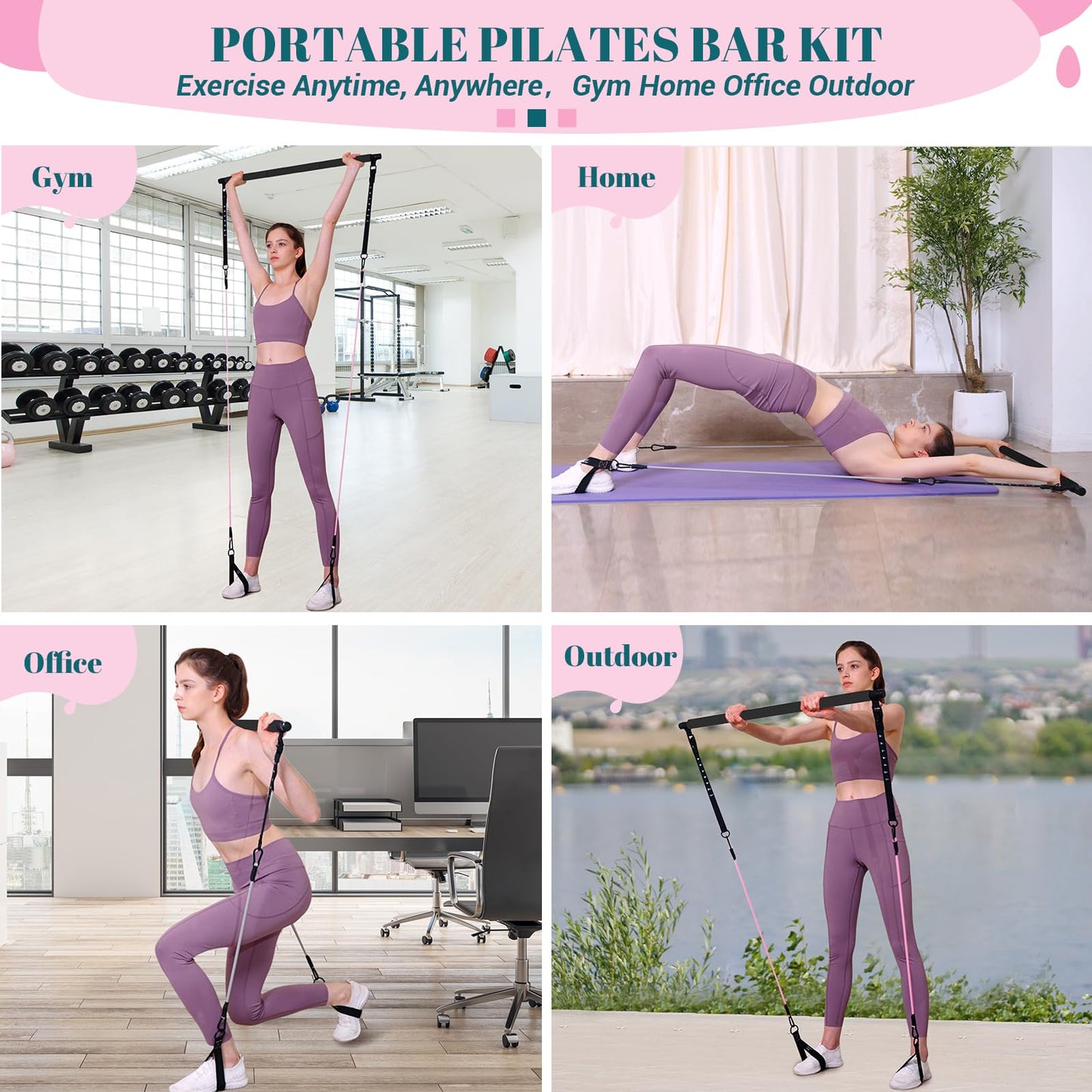 Pilates Bar Kit with Resistance Bands, Multifunctional Yoga Pilates Bar with Heavy-Duty Metal Adjustment Buckle, Portable Home Gym Pilates Resistance Bar for Full Body Workouts(20-150LBS)- Jet Black