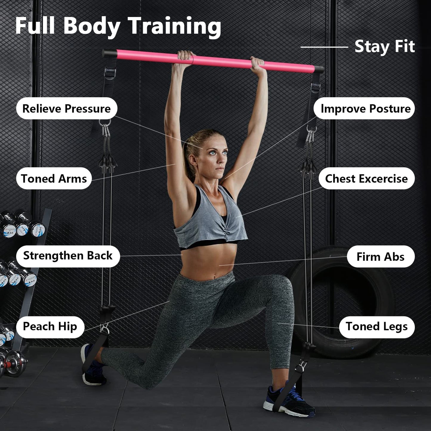 Pilates Bar Kit with Resistance Bands, Adjustable 3-Section Pilates Bar with Stackable Bands Workout Equipment for Legs,Hip,Waist and Arm Full Body Workouts Pilates (Pink(Adjustable,40/50lbs)