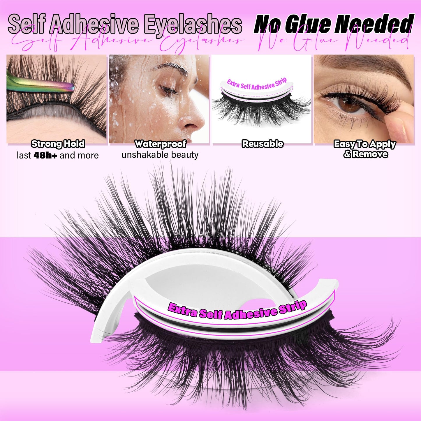 Zegaine Natural Self Adhesive Lashes Cat Eye Lashes Pre Glued Eyelashes Reusable Self Adhesive Eyelashes Wispy Glueless lashes Faux Mink Lashes Waterproof No Glued Needed Fluffy Strip Lashes 5 Pairs
