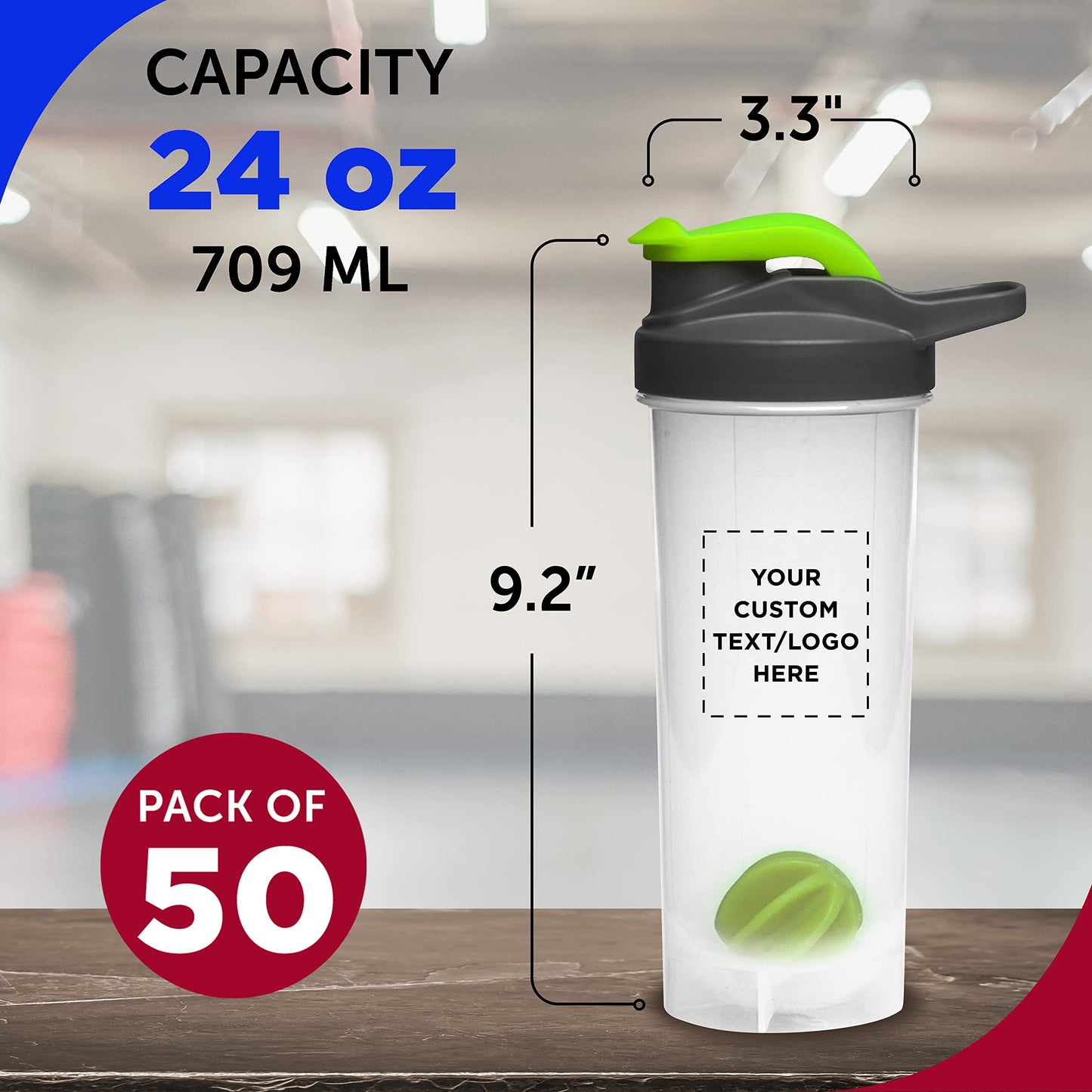DISCOUNT PROMOS Custom Plastic Shaker Bottles with Mixer 24 oz. Set of 50, Personalized Bulk Pack - Perfect for Protein Shake, Smoothie and More! - Lime Green