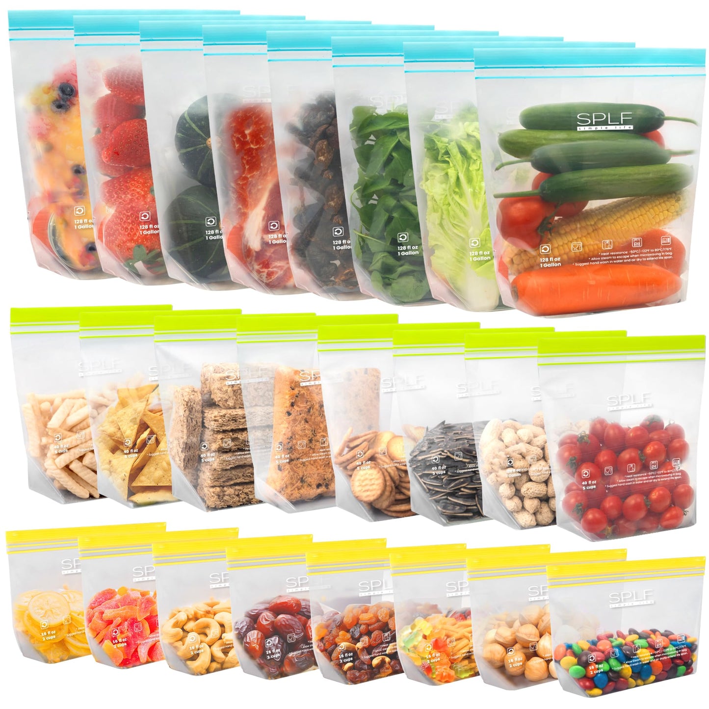 SPLF 24 Pack Reusable Food Storage Bags Dishwasher Microwave Safe, BPA Free Reusable Freezer Bags, Silicone Free Containers for Meal Prep, Fridge Kitchen Organization - 8 Gallon 8 Sandwich 8 Snack
