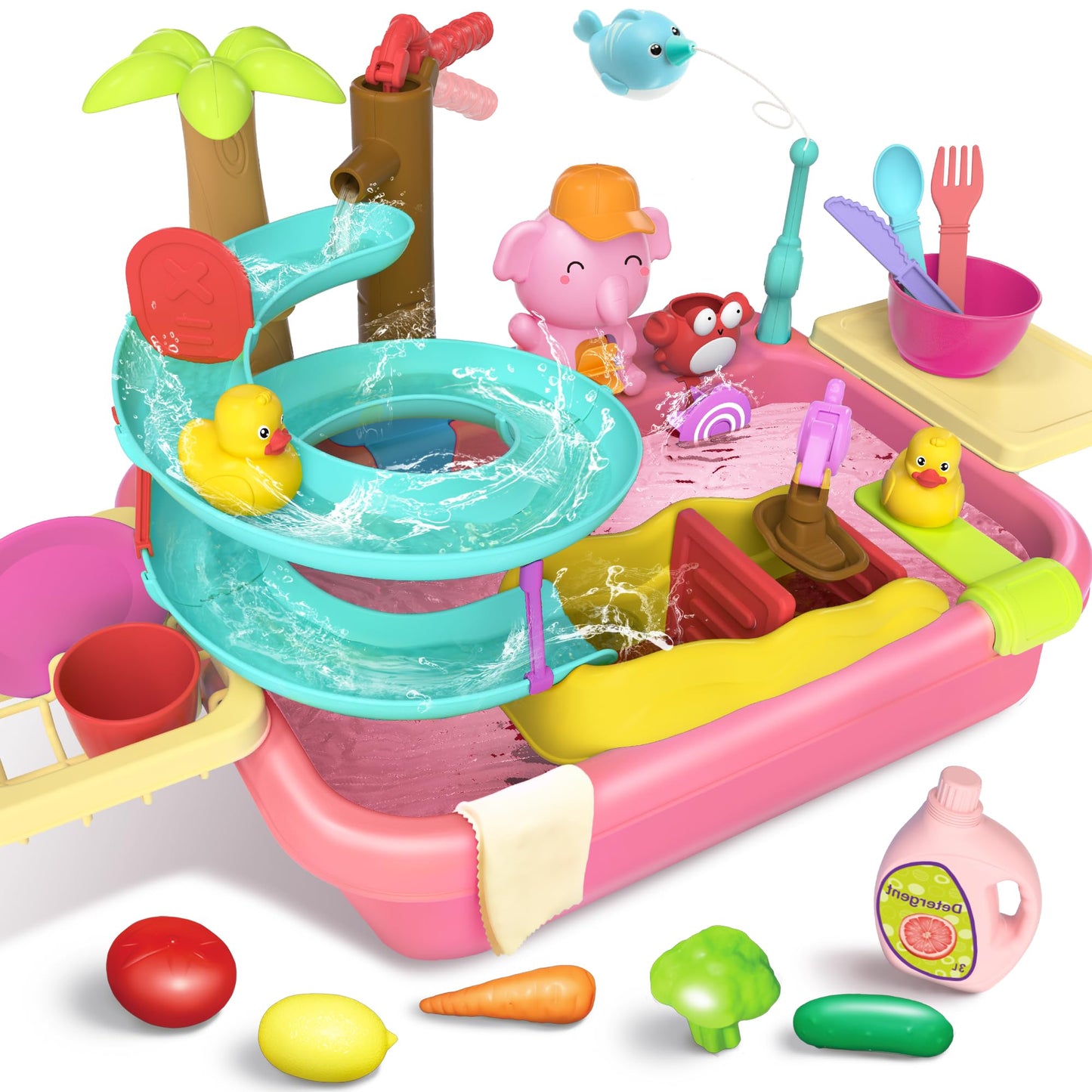 Play Sink with Running Water, 4-in-1 Water Table Toy with Slide Track, Magnetic Fishing Game Floating Toys for Water Play for Kids Toddlers 1-3 3-8 (Pink)