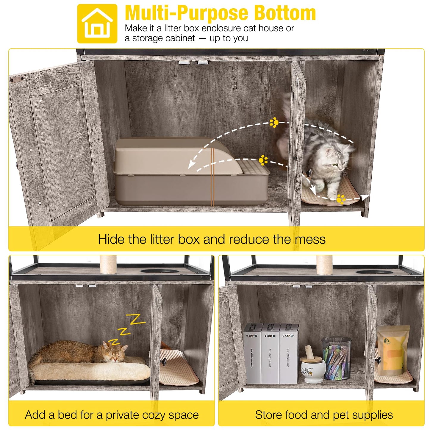 Aivituvin Cat Litter Box Enclosure, Litter Box Furniture Hidden, Wooden Cat Washroom Furniture, Indoor Cats House with Condo, Hammock, Scratching Mat and Storage Shelves-Greige