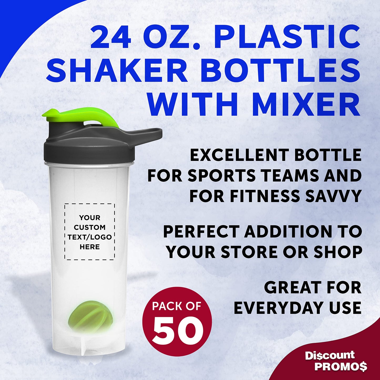 DISCOUNT PROMOS Custom Plastic Shaker Bottles with Mixer 24 oz. Set of 50, Personalized Bulk Pack - Perfect for Protein Shake, Smoothie and More! - Lime Green