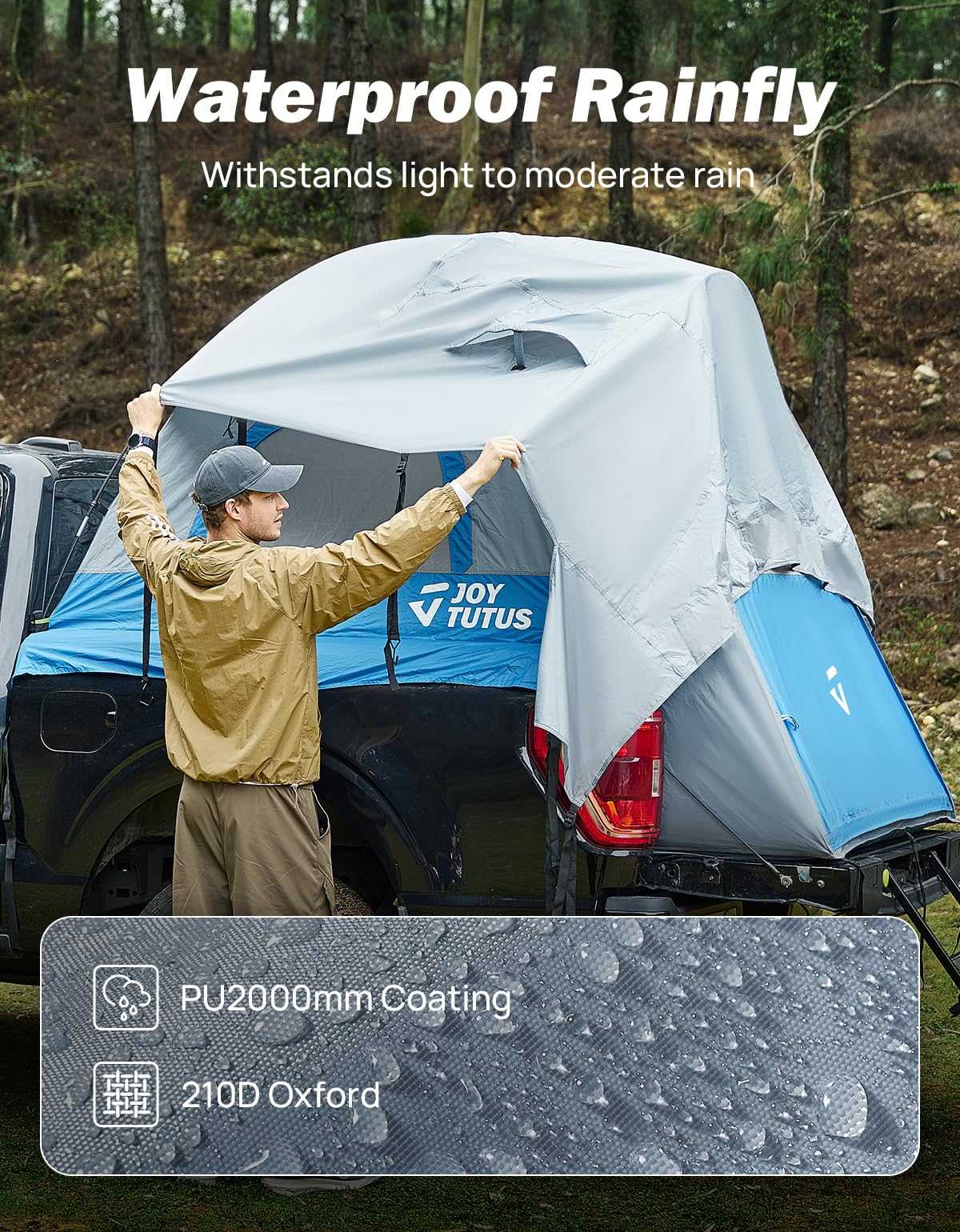 JOYTUTUS Truck Tent, Portable Truck Bed Tent for 5.5'-5.8' with Rainfly, Truck Tent with Fiberglass Pole, Waterproof PU2000mm Double Layer for 2 Person - Blue
