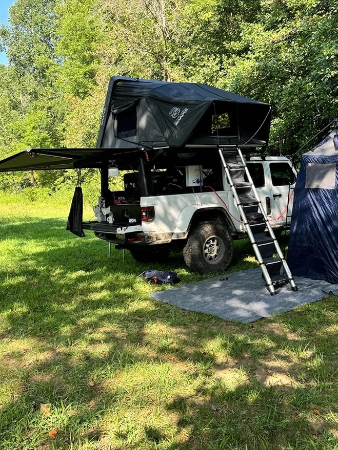 FoundGo Awning Carpet HDPE Camping Outdoor Rug with Eyelets,Nails,Broom,for RV,Patio,Backyard,Picnic,Beach,Trailer 8'*20' (2.44 * 6.1m)-Blue Grey