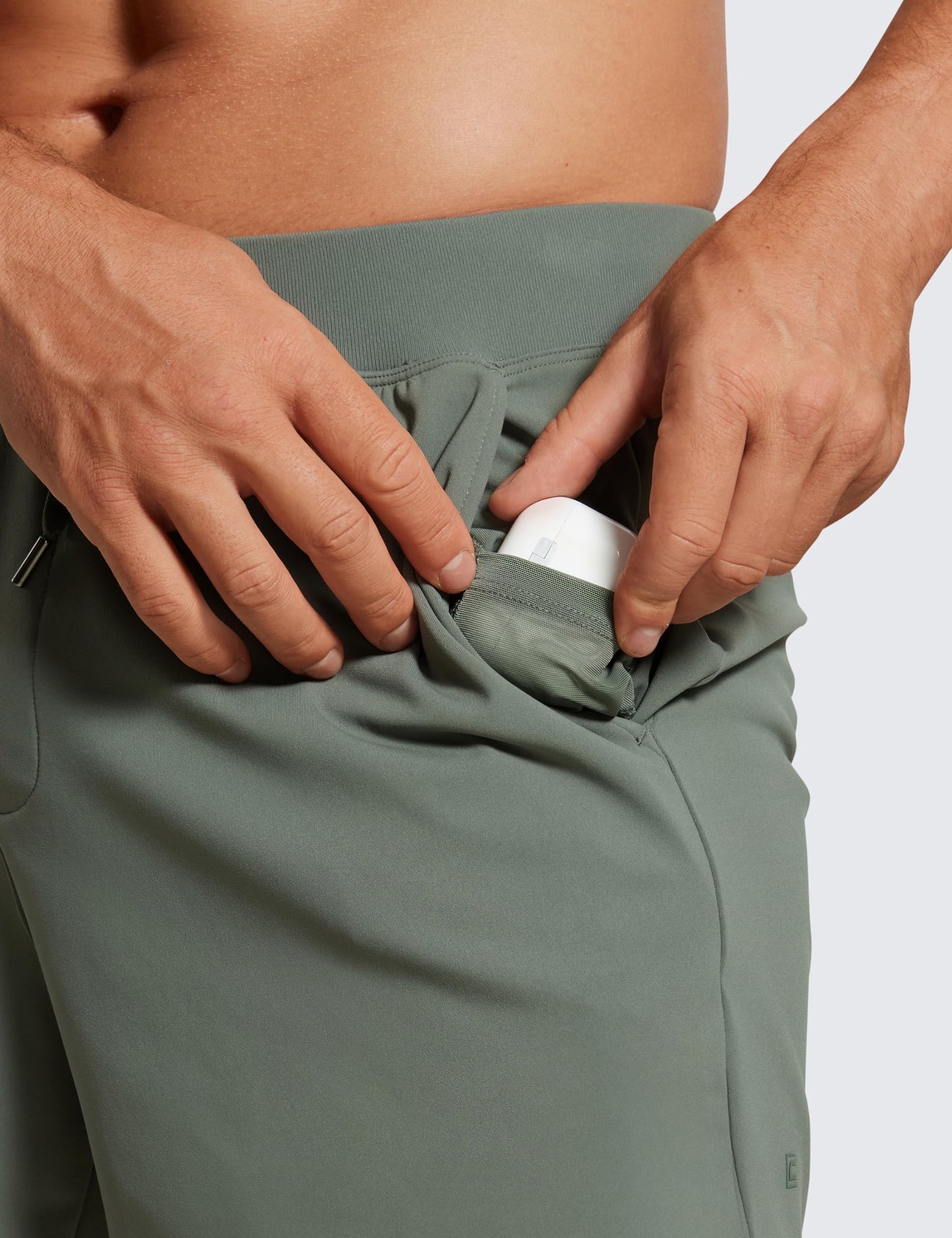 CRZ YOGA Men's Four-Way Stretch Workout Shorts - 5'' Soft Durable Casual Athletic Shorts with Pockets Gym Running Hiking Grey Sage Large