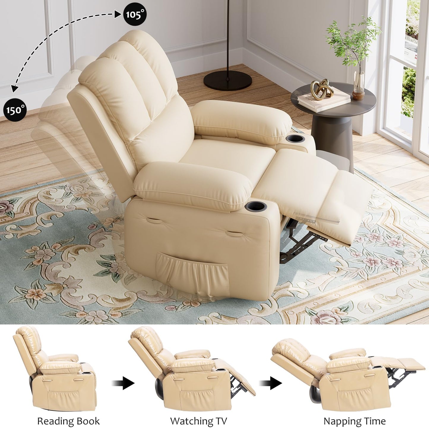 GarveeHome Leather Recliner Chair, Manual Recliner w/Comfortable Arms and Cup Holders for Living Room CF8011 - Beige, Medium