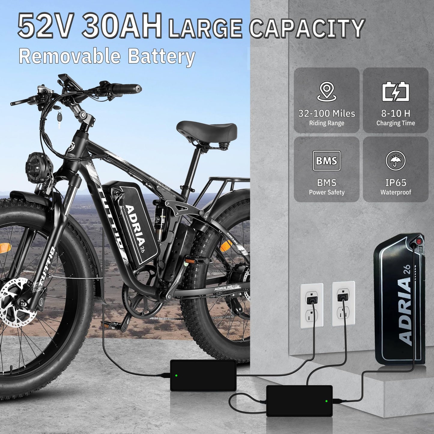 TUTTIO Electric-Bike for Adults-Men, Dual-Motor-Ebike 40-46MPH, 52V 30AH Long Range Electric Bicycle, 26" Fat Tire Dirt-Bike, Full Suspension Mountain Bike for Off-Road Snow Sand Hunting (Black)
