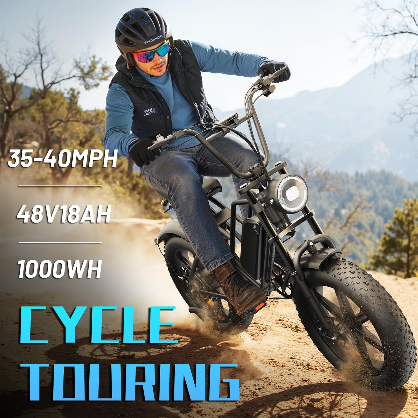 E500 Electric Bike for Adults 1000W Peak Motor, 20" Fat Tire Electric Bicycles with 40 Miles PAS Range, 7 Speed E-Bike with 48V Removable Battery, Dirt Ebike for Mountains, Sand, Road, Beach, Snow