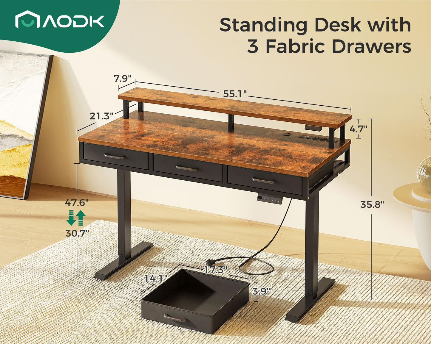 AODK Electric Standing Desk with Drawers, 55 Inch Height Adjustable Gaming Desk with Power Outlets & LED Lights, Sit Stand Table with Monitor Stand for Home, Office, Workstation, Rustic Brown