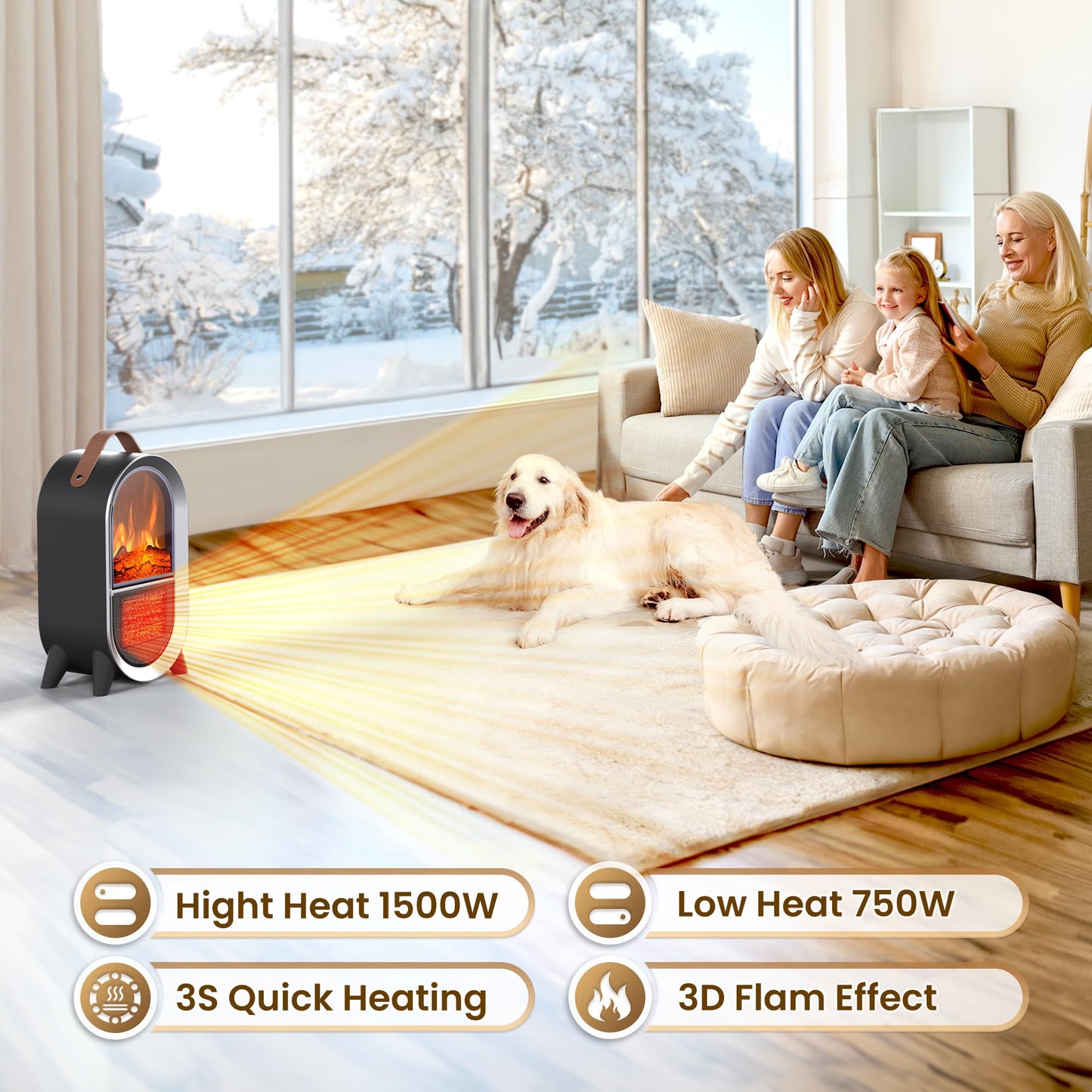 Riseon Small Space Heater for Indoor Use, 1500W/750W Portable Electric Fireplace Heater with 3D Flame, Ceramic Heating with Thermostat Overheat & Tipover Protection for Home Office Room Desk, Black