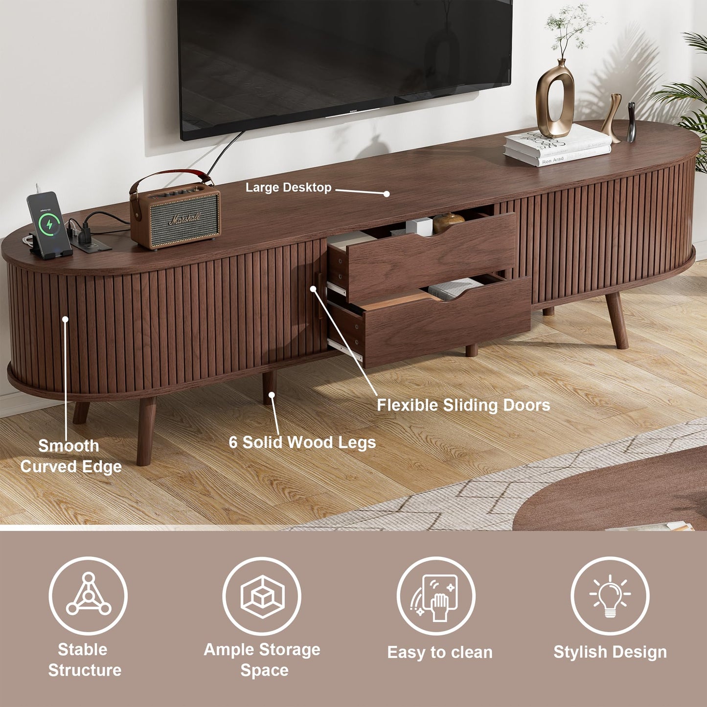 Alohappy 69" Mid Century Modern TV Stand with Charging Station, Farmhouse Curved Edge TV and Media Console Table with Drawer and Shelf, Fluted Entertainment Center for Living Room, Bedroom, Walnut