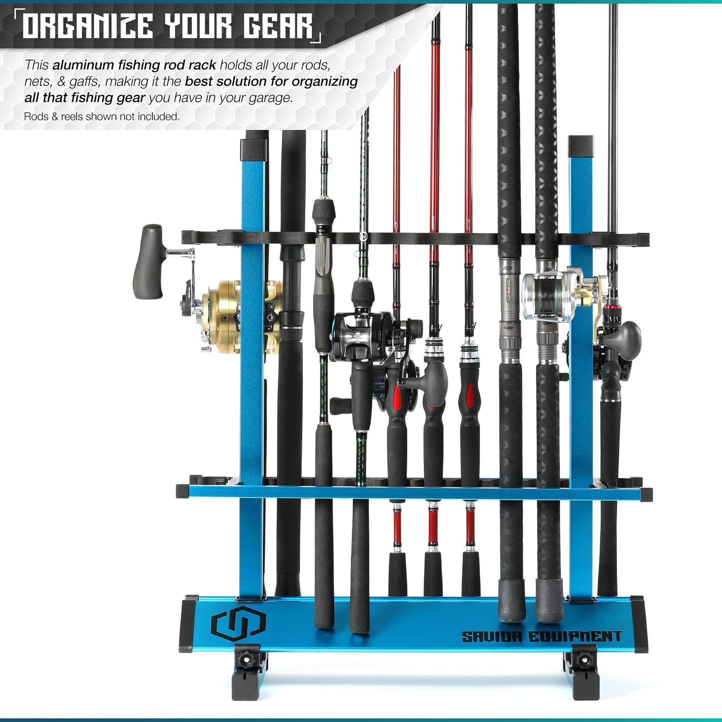 Savior Equipment Fishing Rod Rack Holder Organizer, Lightweight Aluminum Vertical Fish Pole Garage Storage Ground Display Stand, Hold Up to 24 Slots Fresh Salt Water Spinning Rods & Reel Combo, Blue